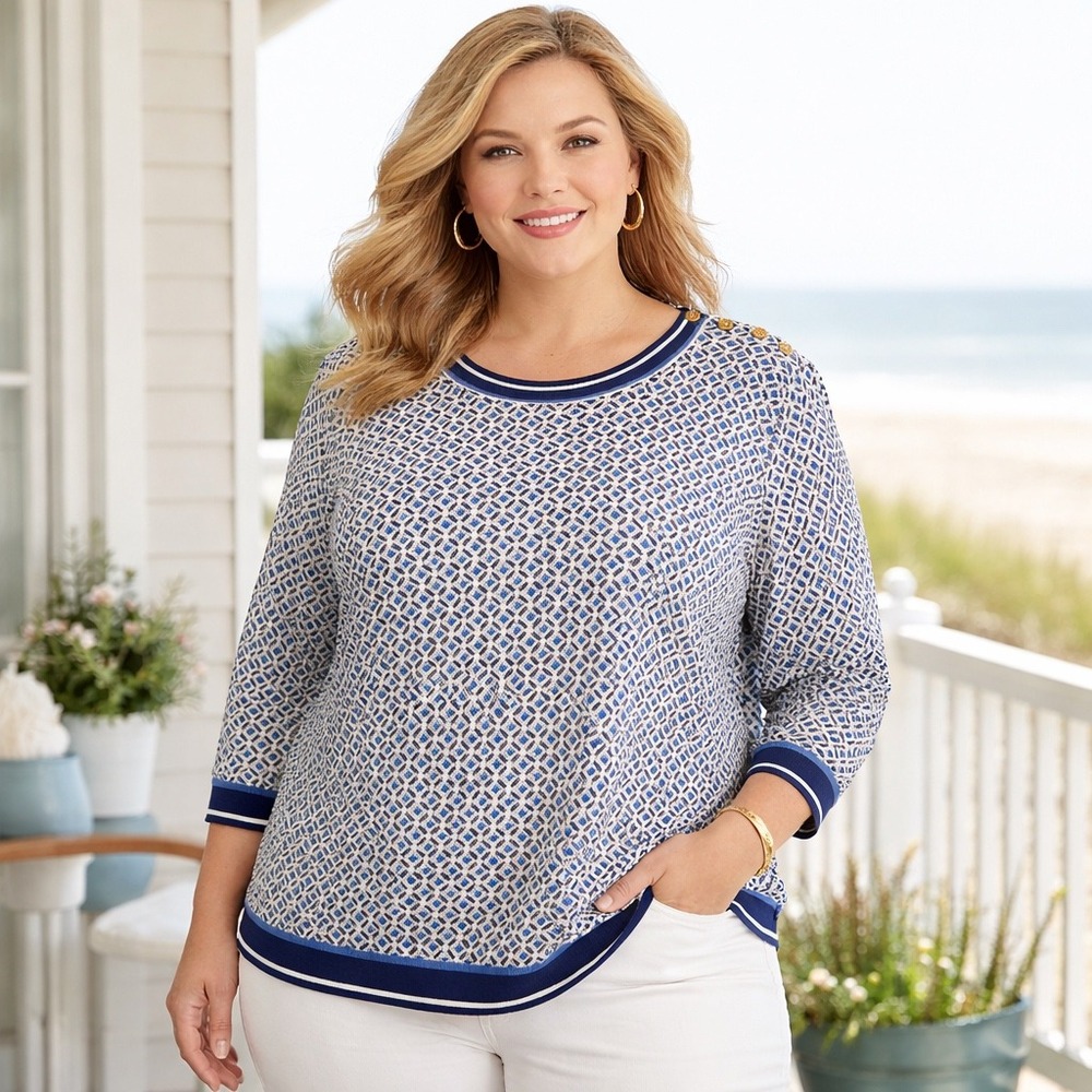 Talbots Geometric Knit Sweater Women XL Blue Preppy Nautical Shoulder Button Top